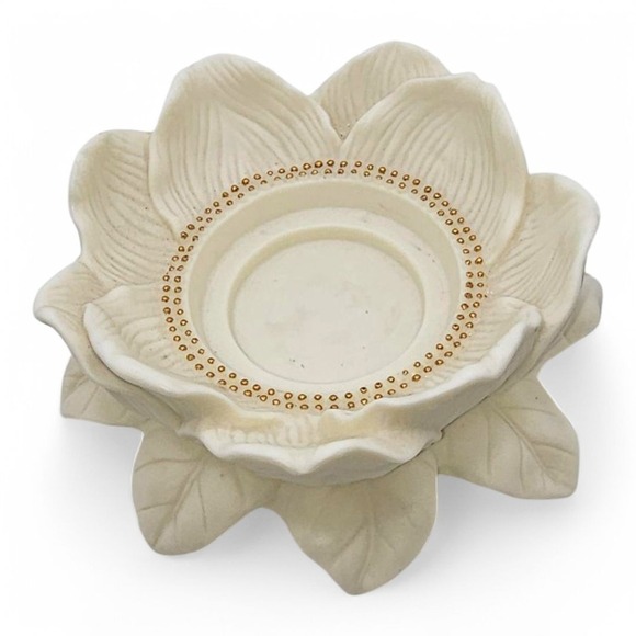 Partylite Porcelain Bisque Magnolia Lotus Flower Blossom Candle Holder Gold Bead - Picture 5 of 7